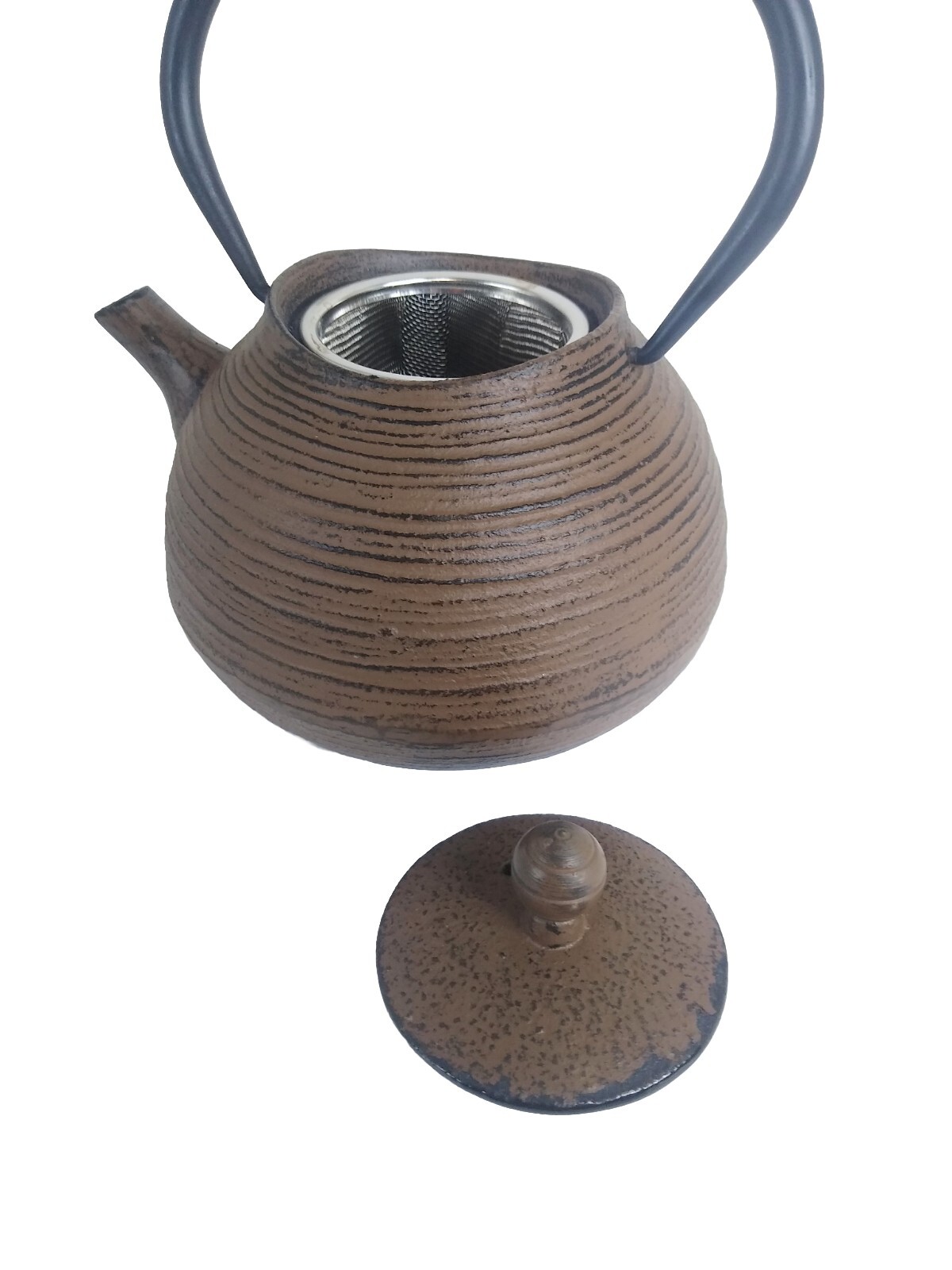 Cast Iron Brown Round Ridged Ceramic Coated Teapot Metal Mesh Strainer Lid