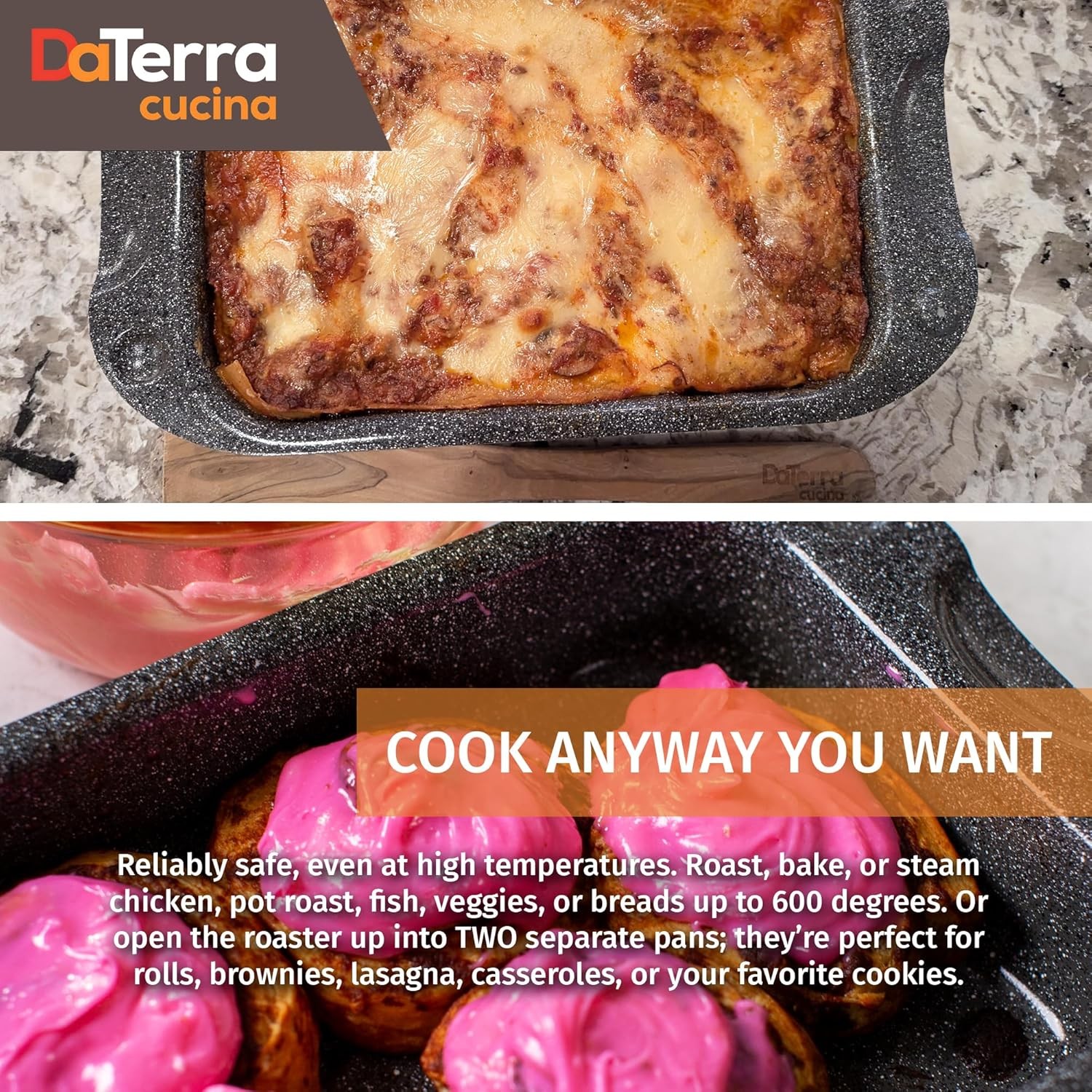 DaTerra Cucina – 13 x 8 x 4.25 Nonstick Ceramic Coated Dual Roasting Black