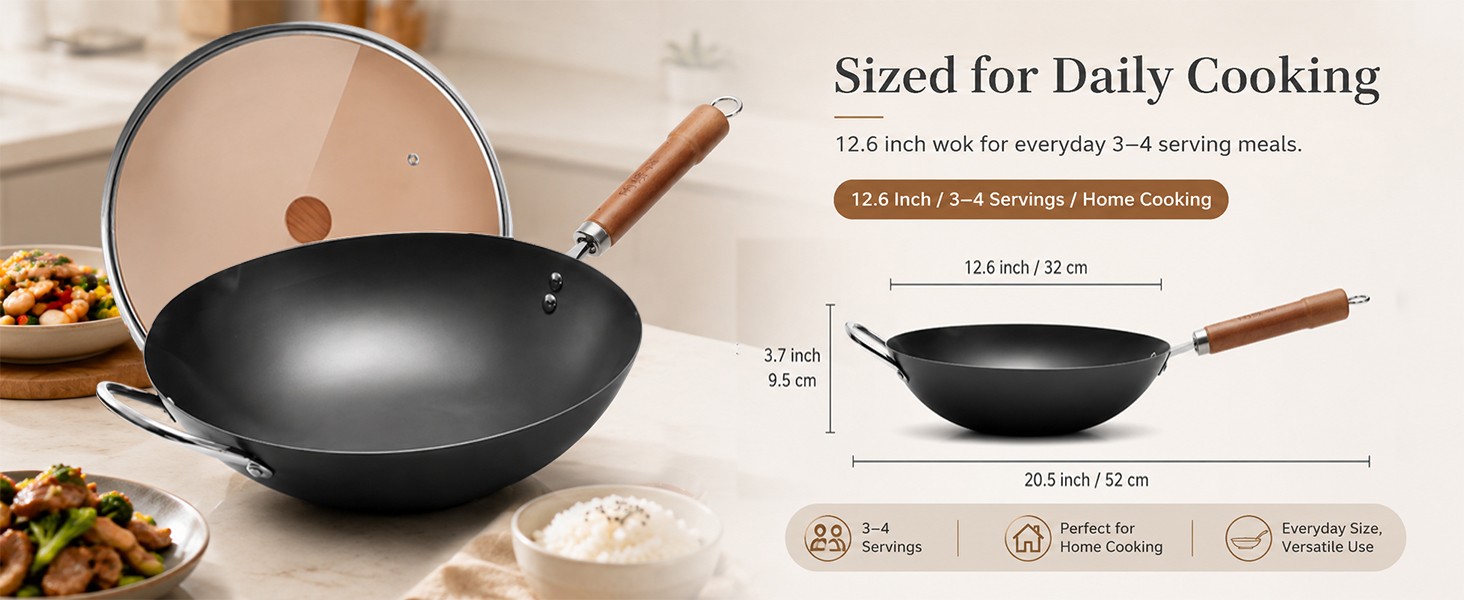 Carbon Steel Wok with Lid, 12.6 Inch Flat Bottom Wok Pan, Uncoated Stir Fry Pan
