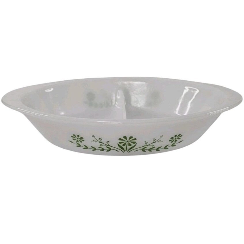 Glasbake Vintage White Milk Glass Divided Serving Dish Green Floral Pattern