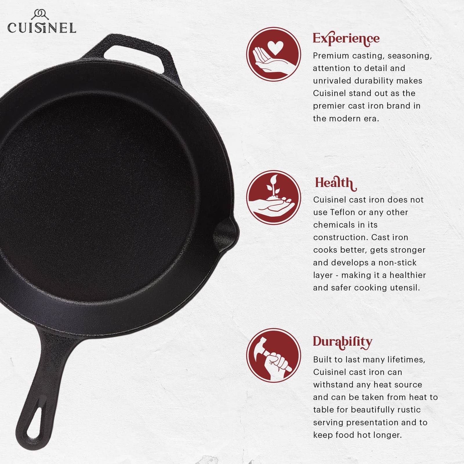 Cuisinel Cast Iron Skillets Set – 3-Piece: 6″ + 8″ + 10″-Inch Chef Frying Pan…