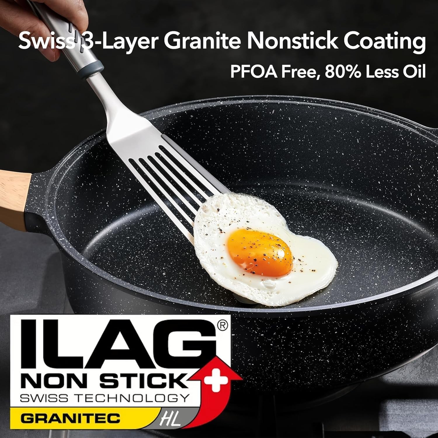 12 Inch Deep Nonstick Frying Pan with Lid 4.5 QT Swiss Granite Coating