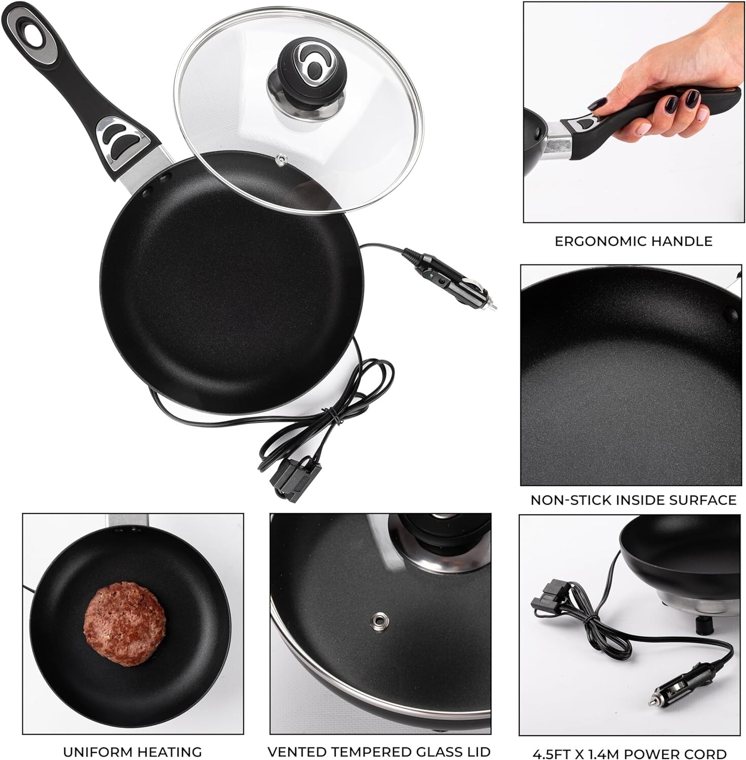 Zone Tech 12Volt Frying Pan With Glass Lid 7.5″ Portable Non-Stick Travel Pot
