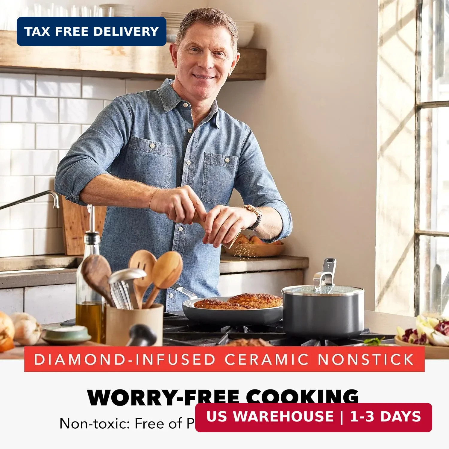 GreenPan x Bobby Flay 13 Piece Nonstick Cookware Pots and Pans Set, PFAS-Free Di