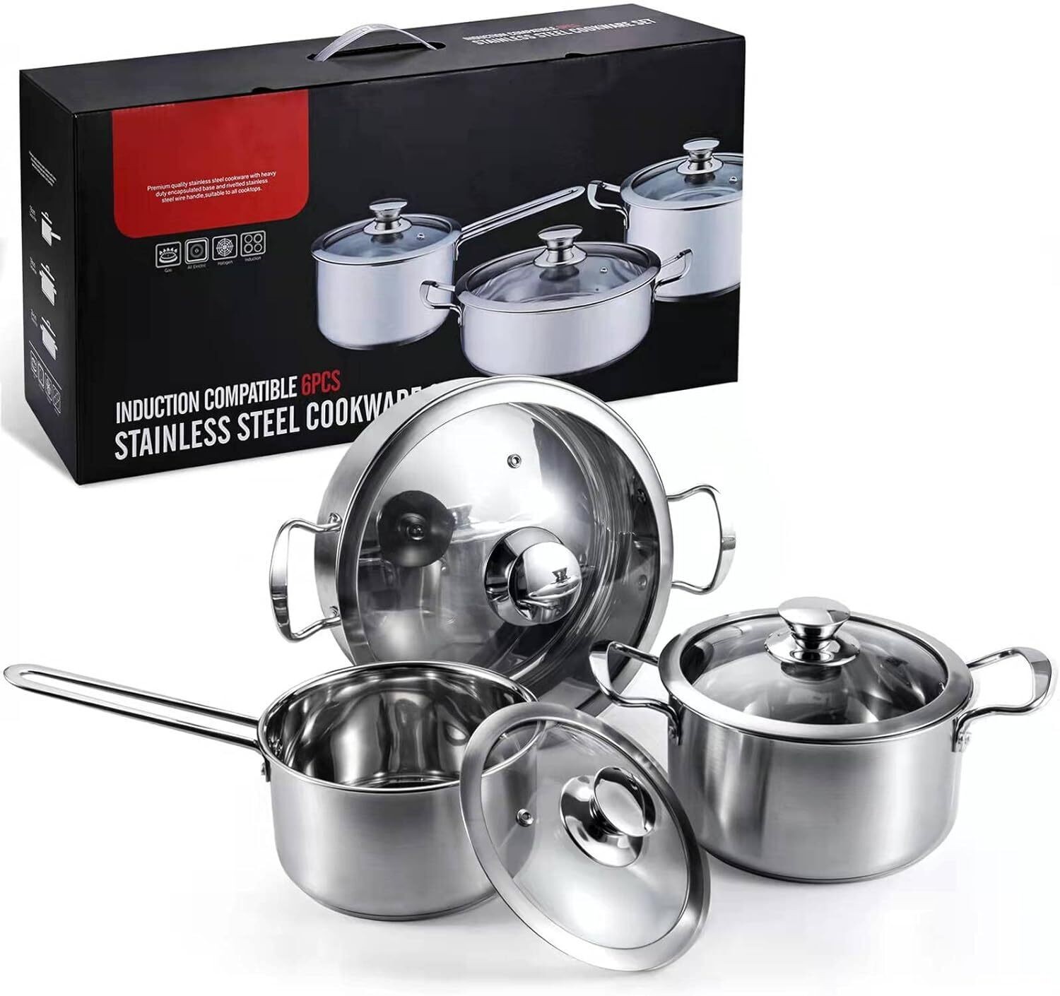 Stainless Steel Pots & Pans Set 6 Pcs Nonstick Kitchen Induction Cookware Silver