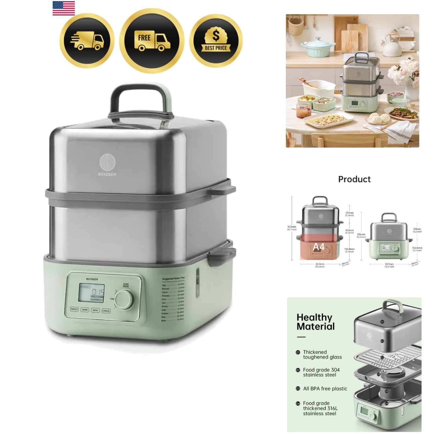 G67US-A503 Electric Food Steamer for Cooking, 2 Tire Stainless Steel Steamer …