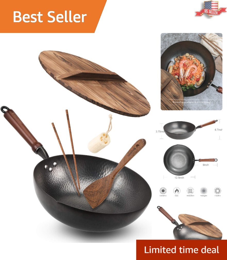Multi-Purpose Flat Bottom Wok 12.5″ with Hammered Finish & Accessories