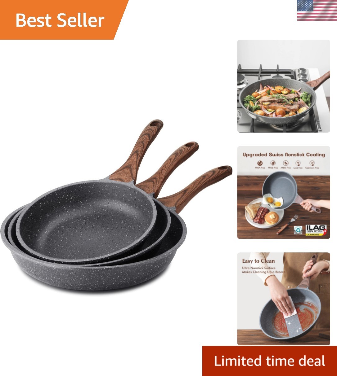 Nonstick Frying Pan Skillets, Swiss Granite Coating Omelette Pans, Healthy Co…