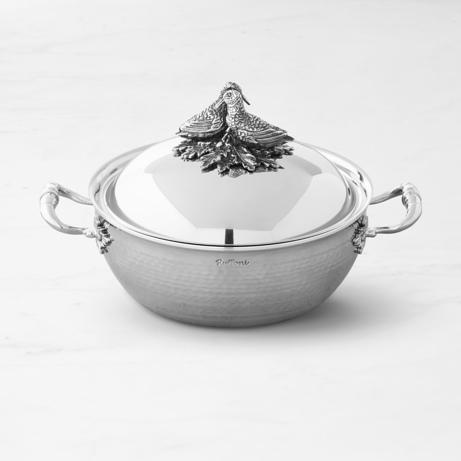 Ruffoni Opus Prima Hammered Stainless- Steel Saucier with Lovebirds Knob, 4-Qt,