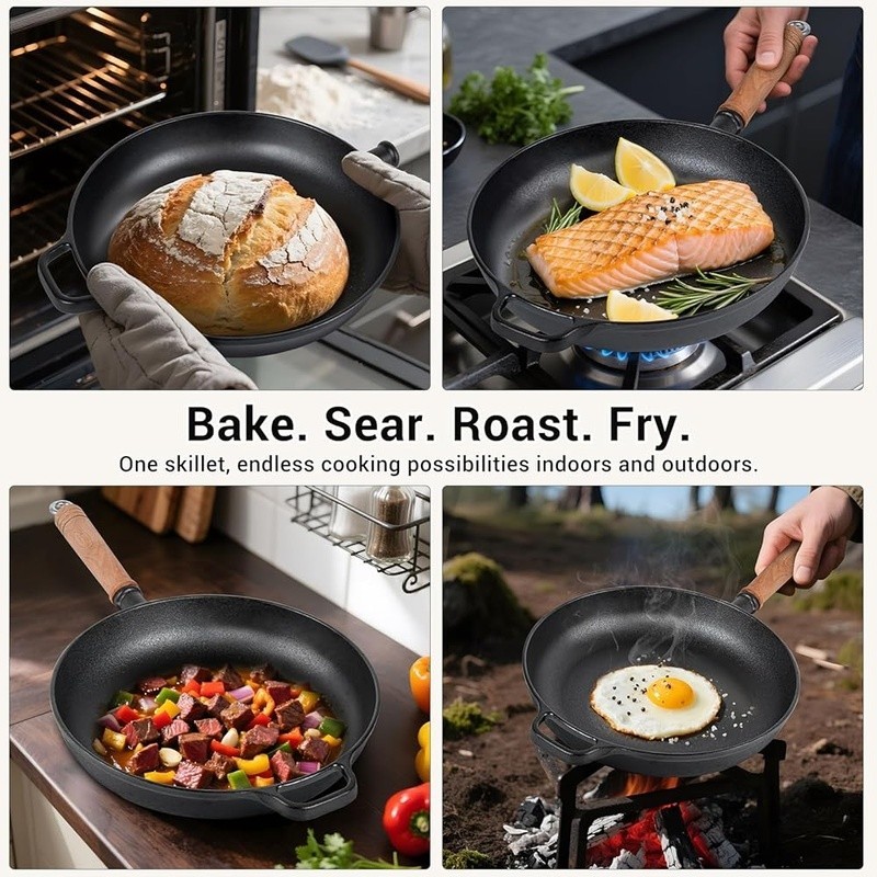 Cast Iron Skillet Nonstick W/ Glass Lid Detachable Handle Oven Safe Cooking Pan