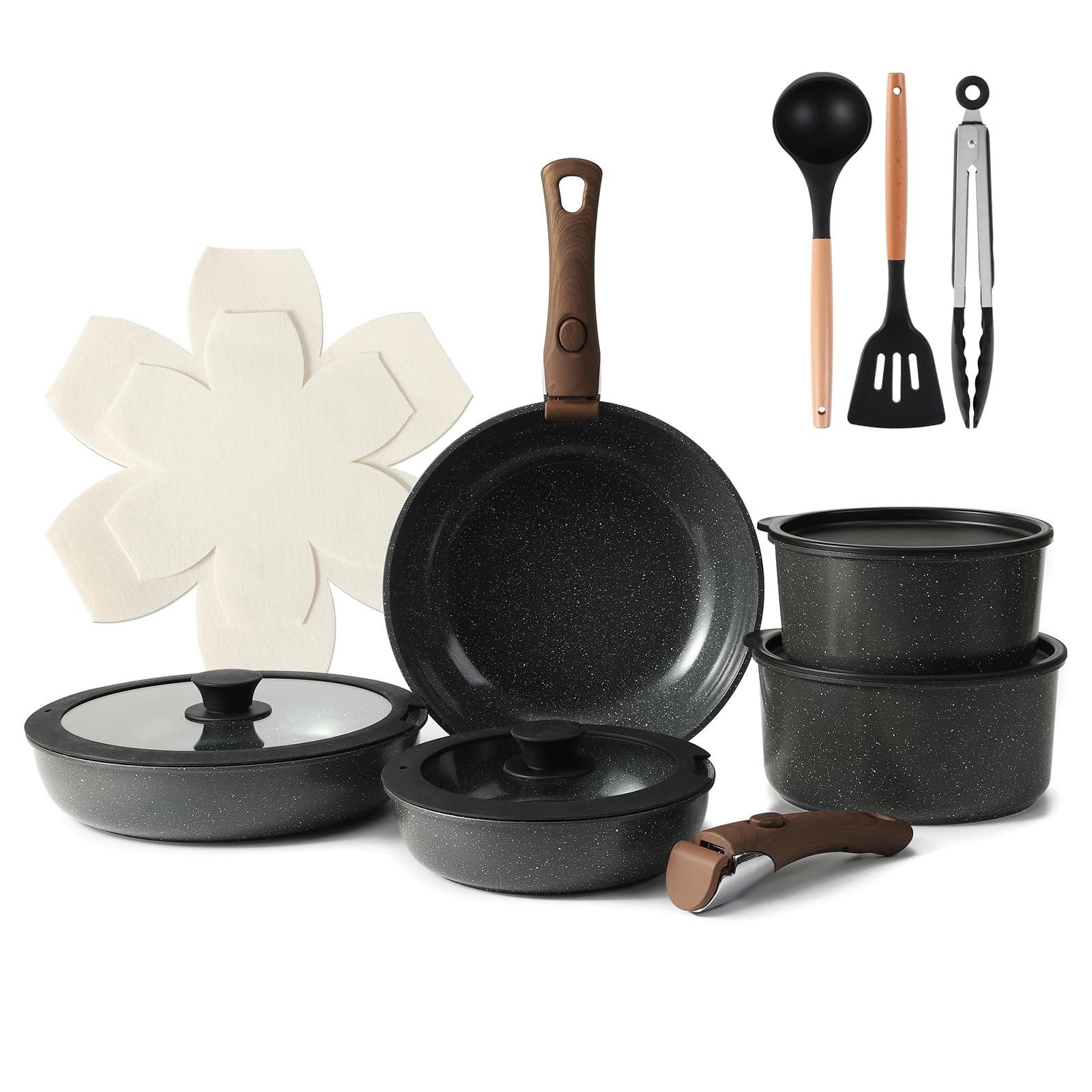 15PCS Ceramic Cookware Sets Detachable Handle Pots and Pans Set Non Stick (Bl…