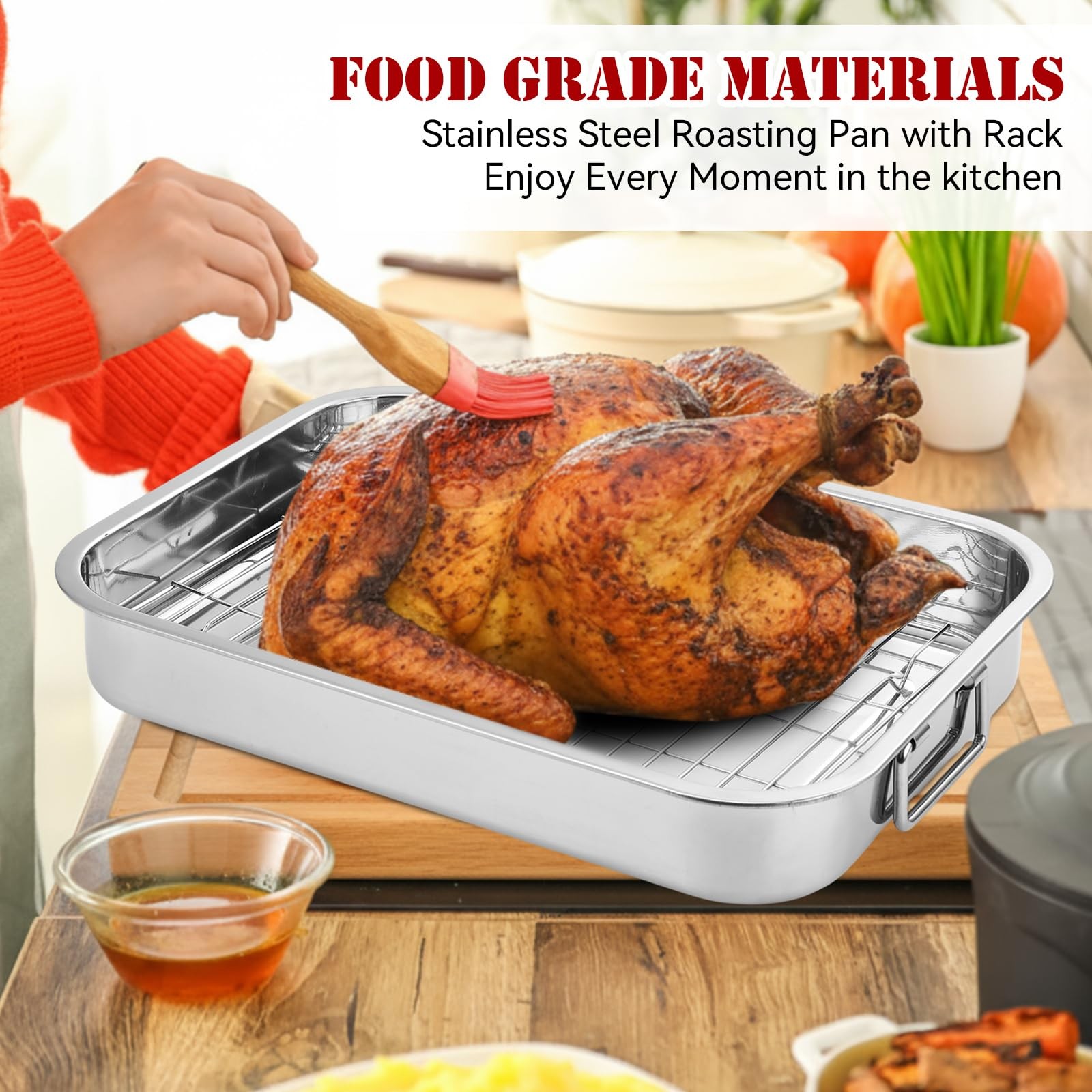 2 Set Stainless Steel Roasting Pan with Rack and Handle for Oven Roasting Pan…