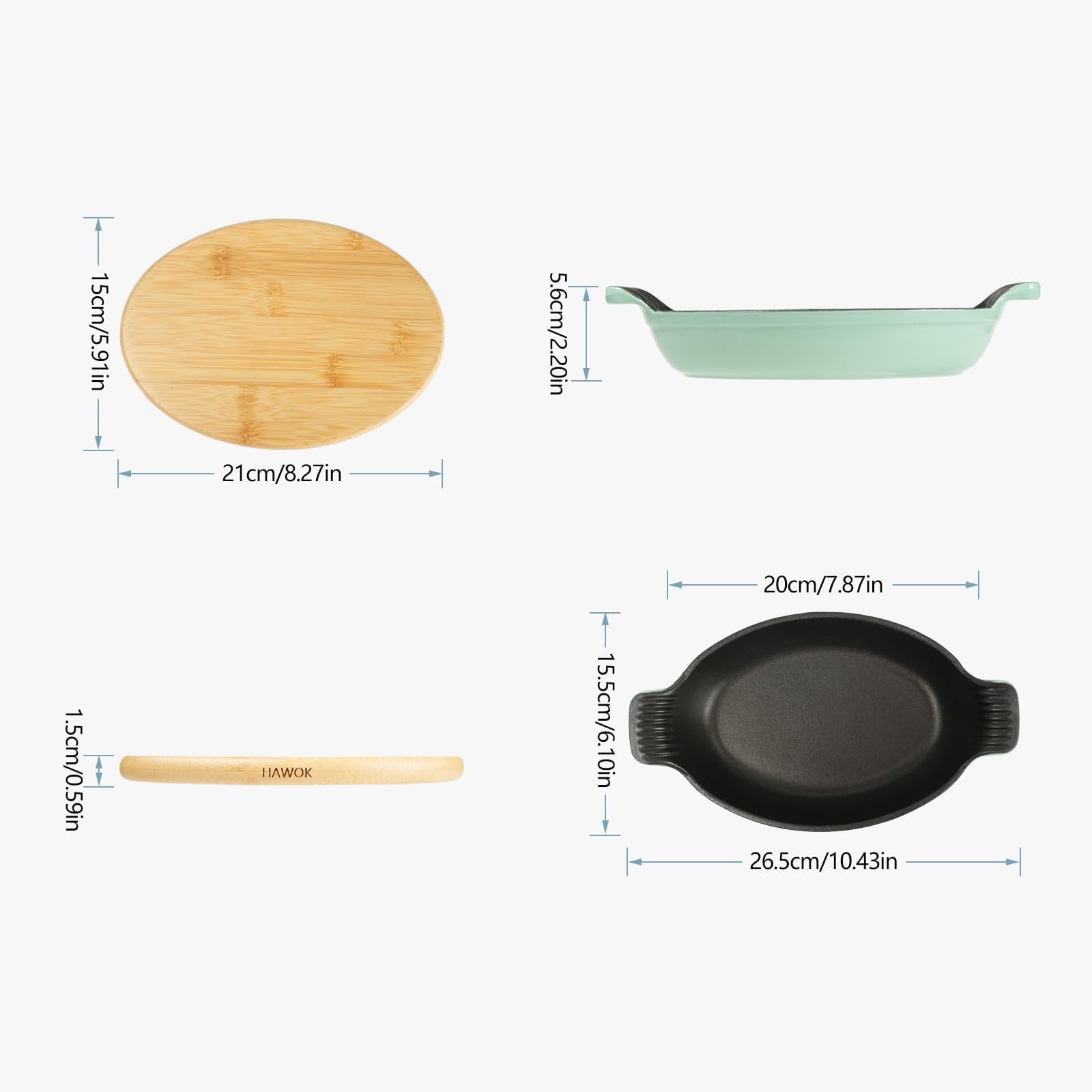 Hawok Enameled Cast Iron Serving Dish Magnetic Bamboo Trivet Oval Server