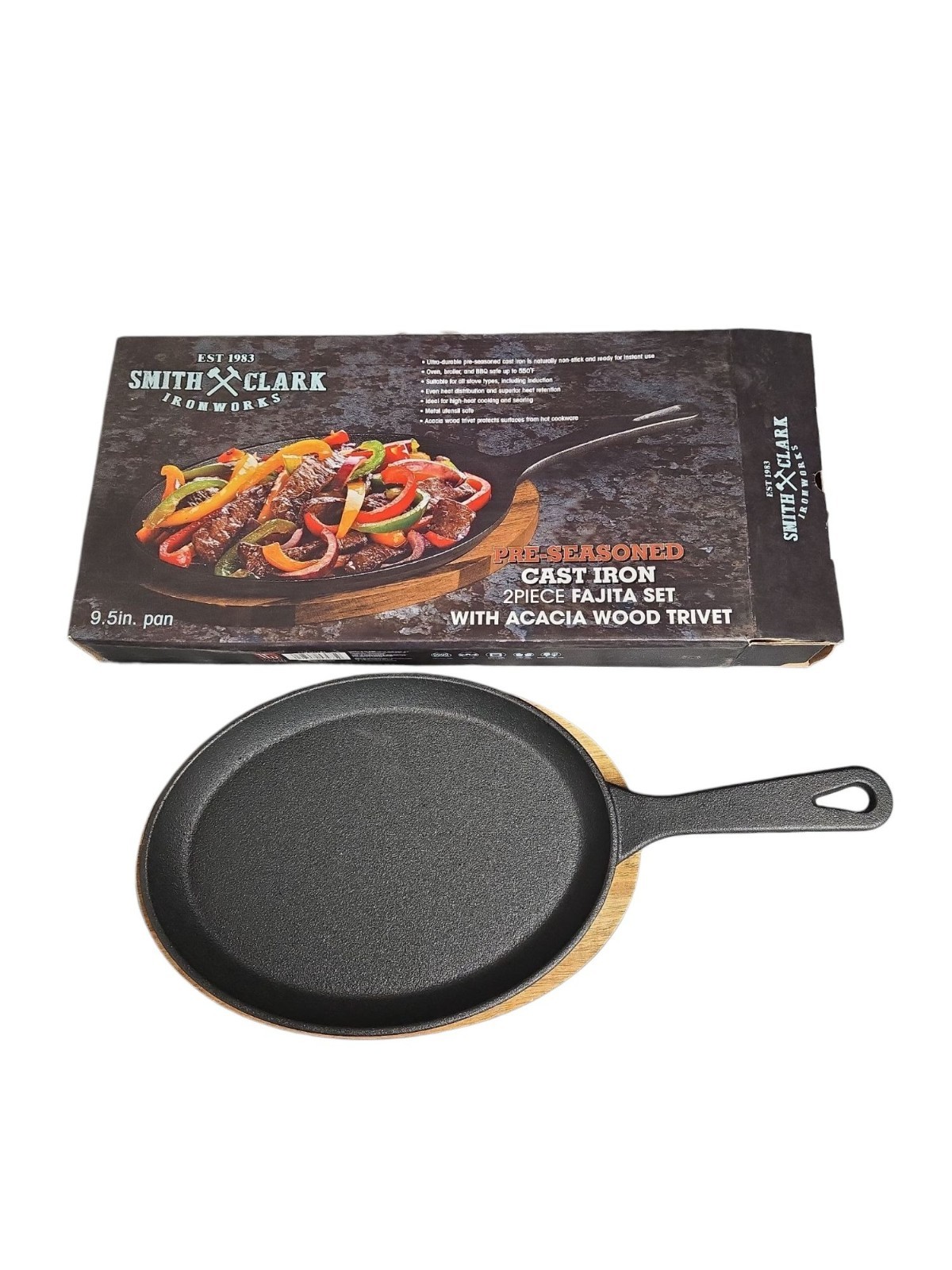 Smith & Clark Ironworks Cast Iron Fajita Set – 9.5″ Skillet & Trivet 2-Piece