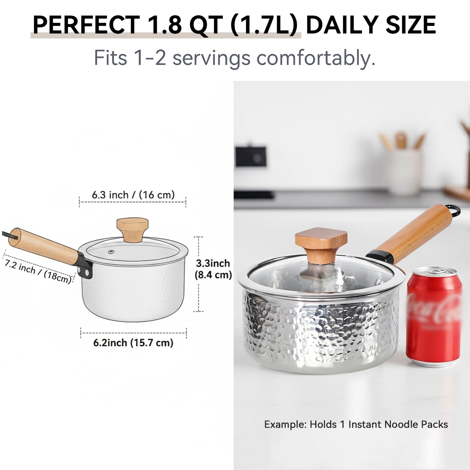 1.8 Quart TriPly Stainless Steel Saucepan With Lid Hammered Wood Handle Milk