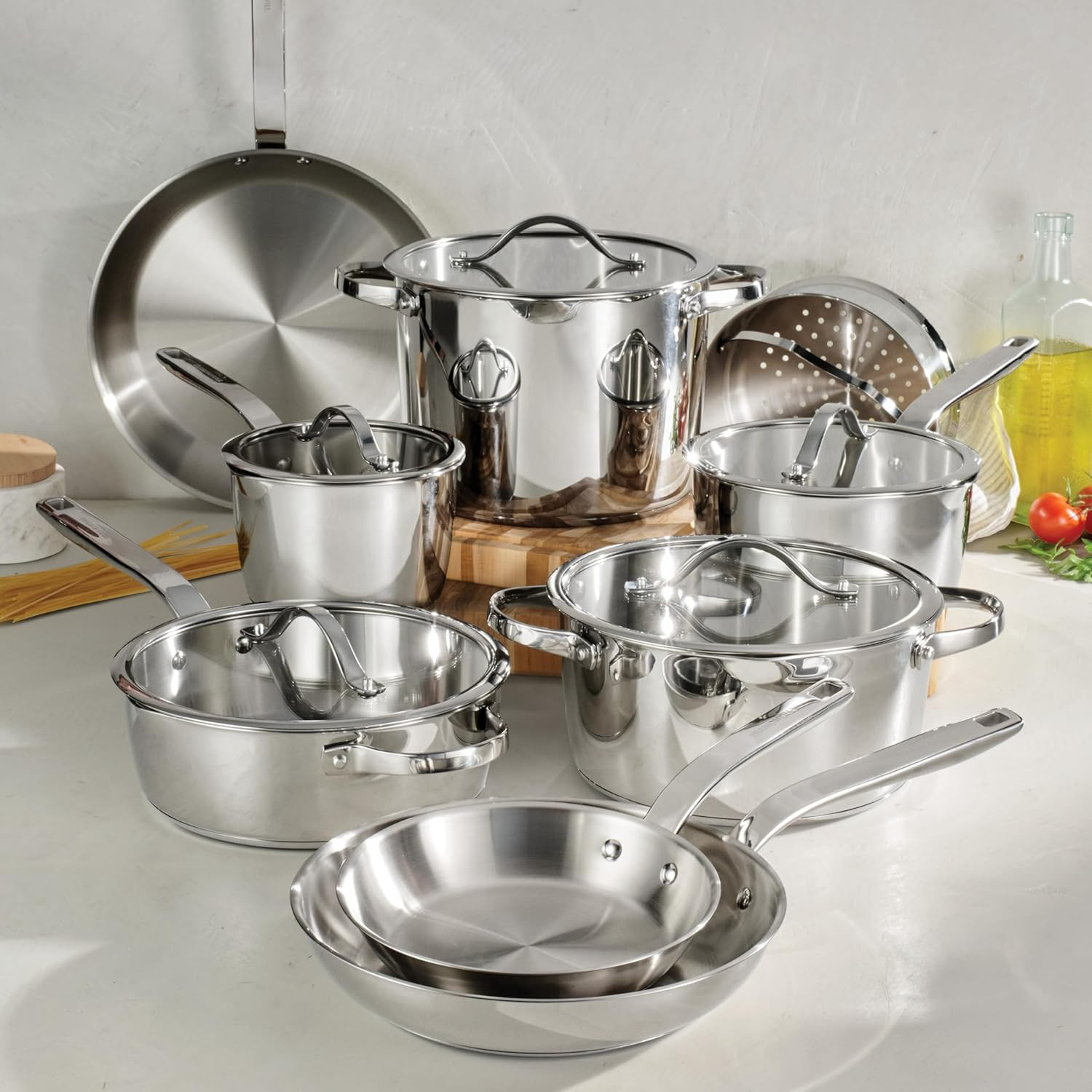 14-Piece Tri-Ply Stainless Steel Cookware Set with Glass Lids