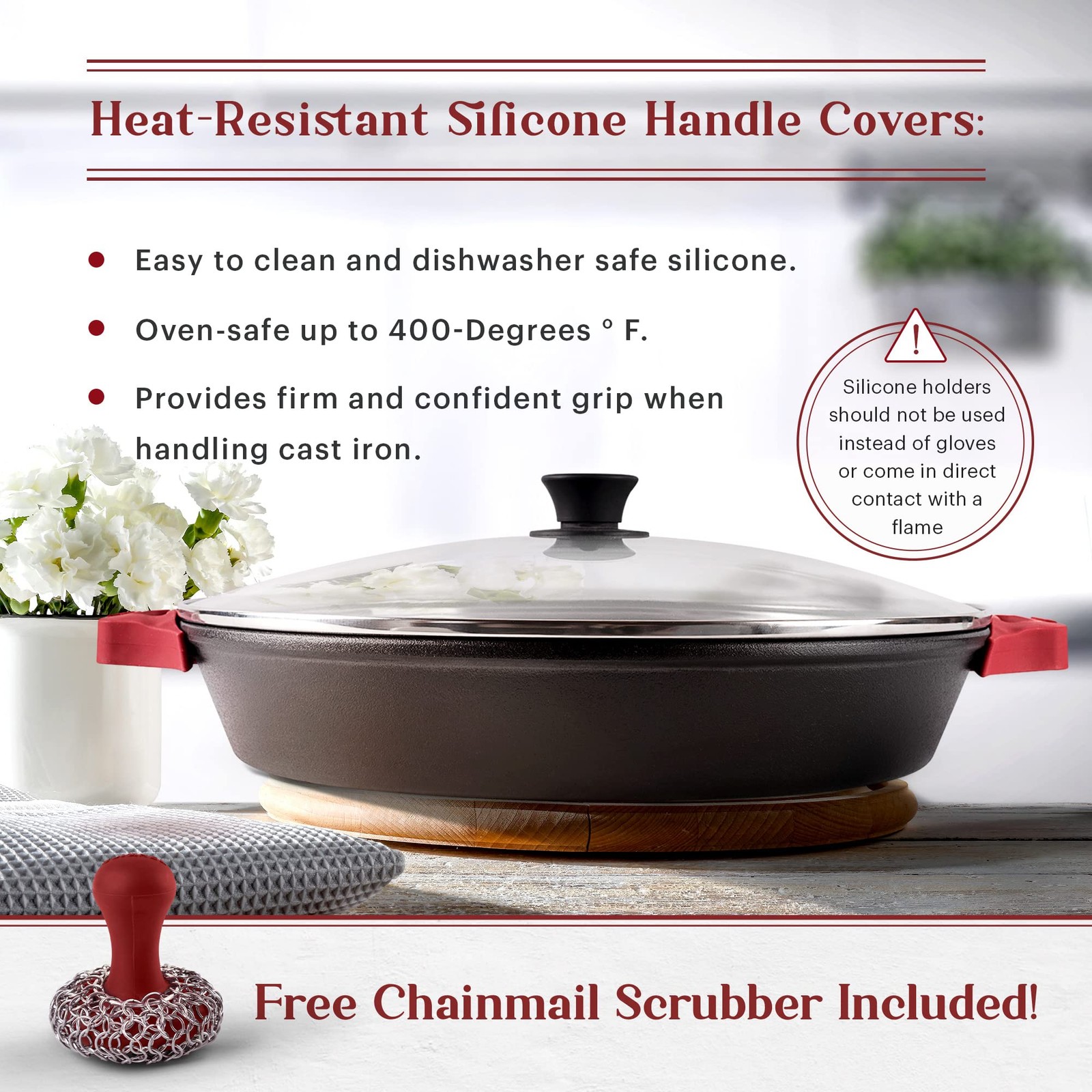 Cuisinel Cast Iron Skillet + Glass Lid + Red Chainmail Scrubber – 15″-Inch Du…