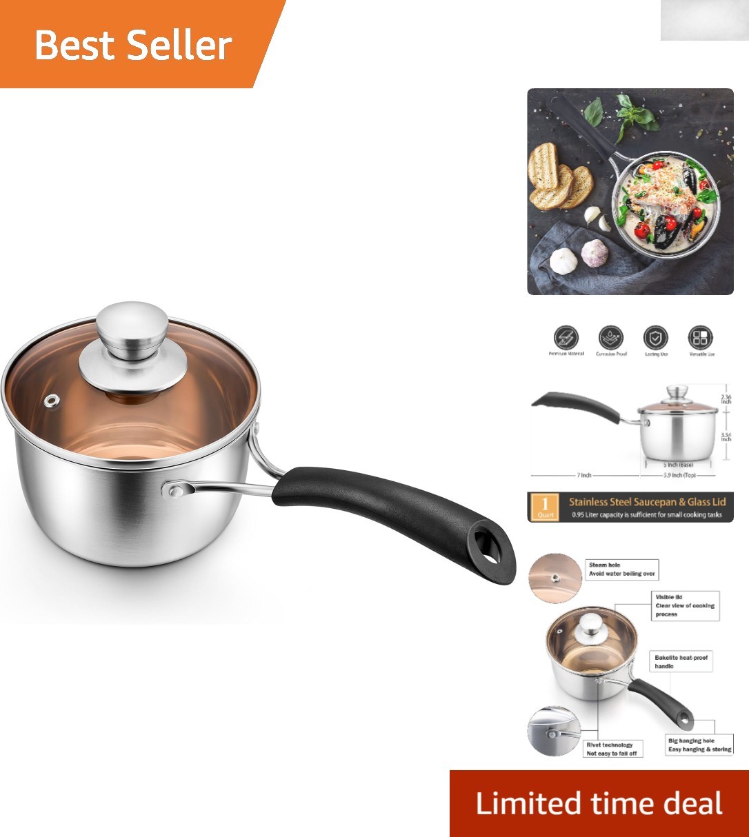 Non-Toxic 1 Quart Stainless Steel Cooking Pot with Glass Lid & Easy Grip Handle