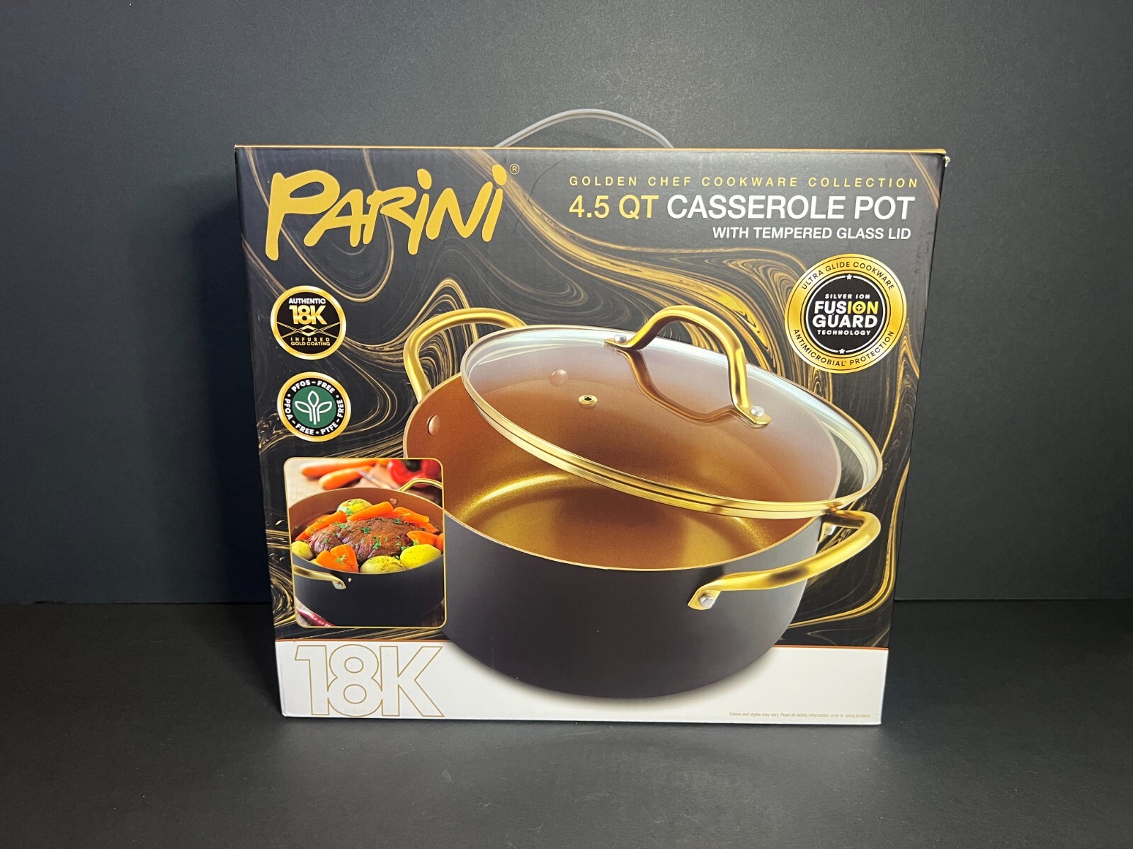 NIB Parini 4.5Qt 18K Infused Gold Coated Casserole Pot w/ Tempered Glass Lid
