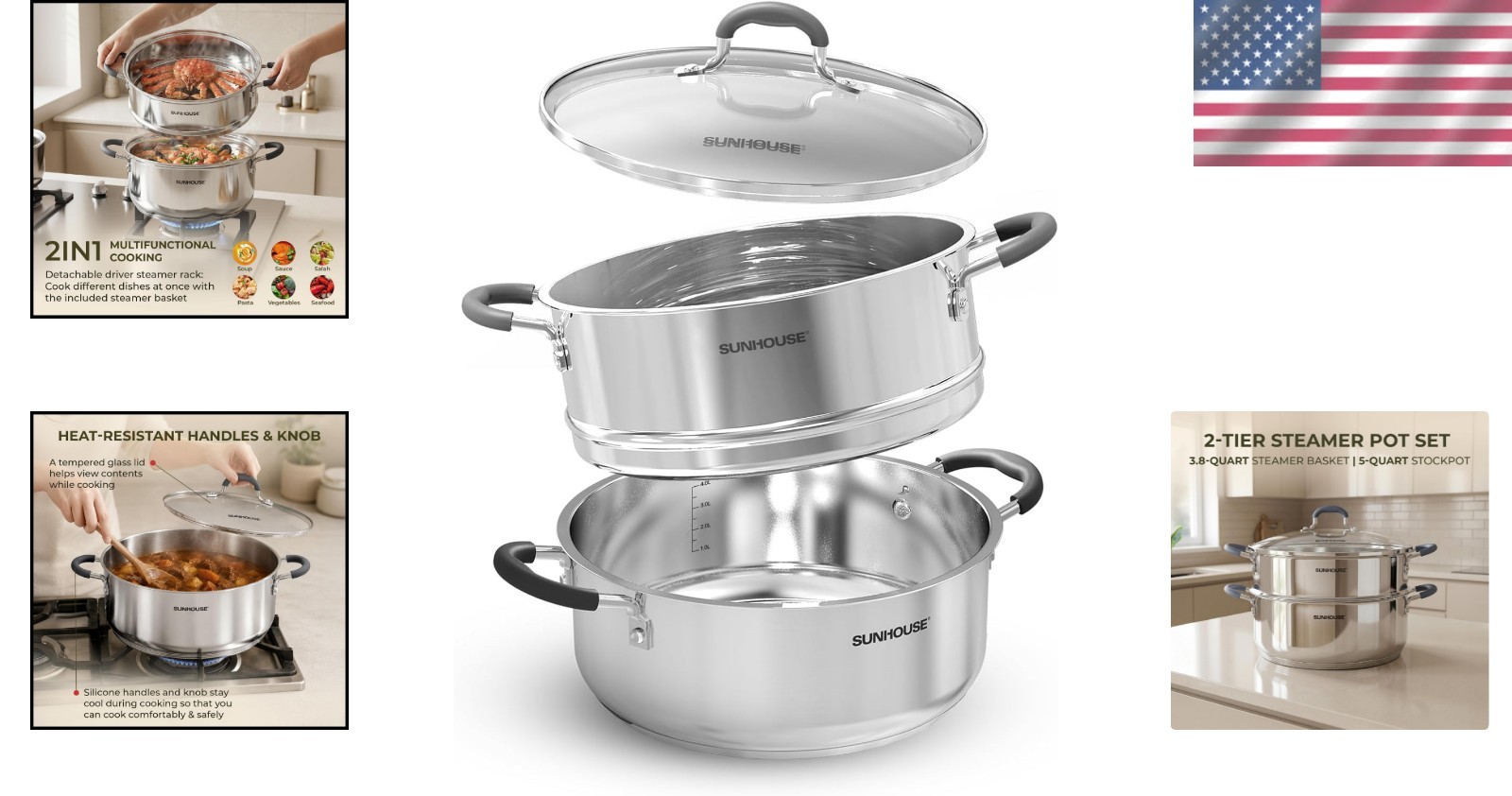 Stainless Steel Steamer Pot 5 Qt with Glass Lid 2 Tier Food Steamer Basket