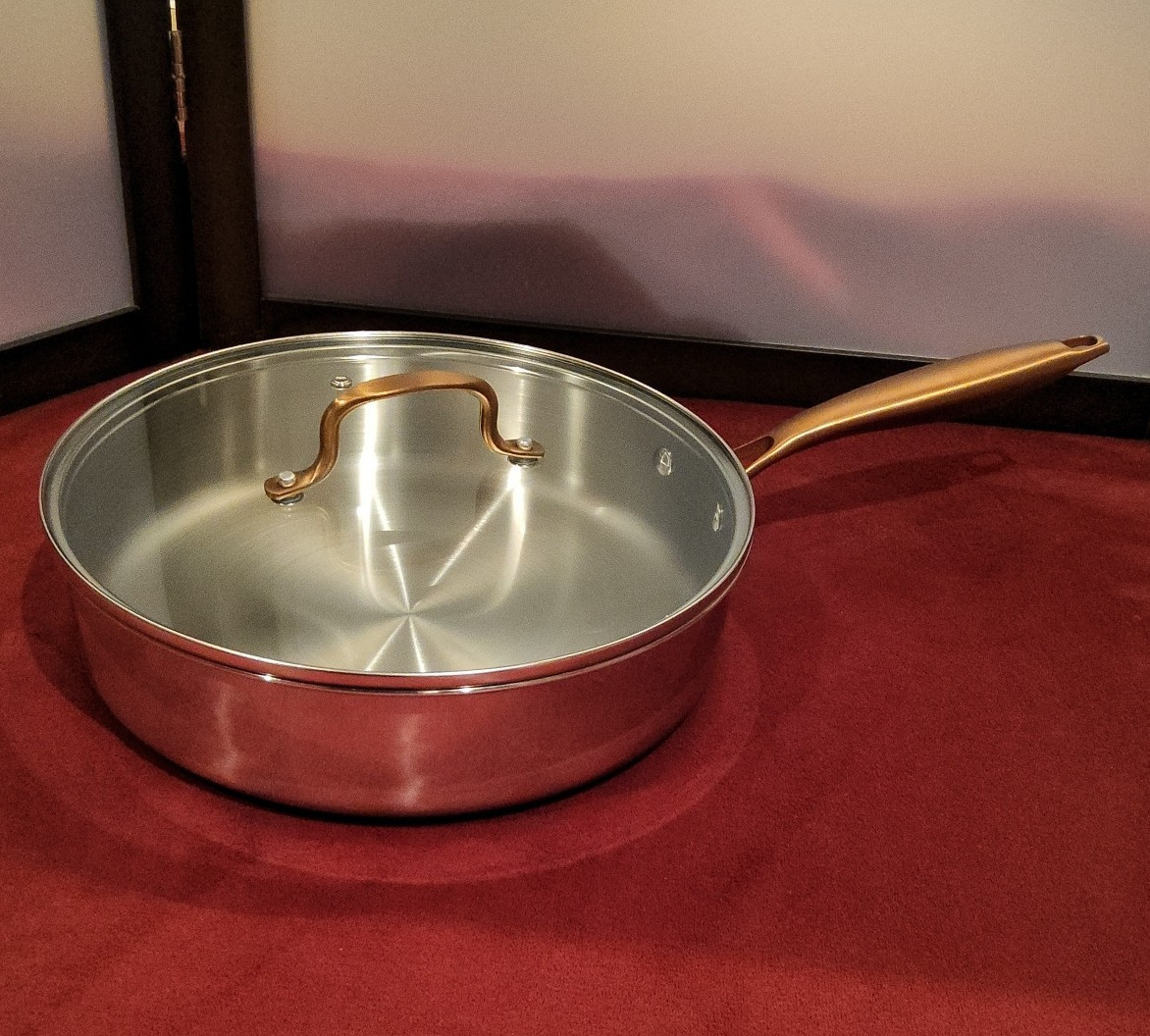 La Sera Stainless Steel Saute Pan w/ Glass Lid Gold-Tone Long Handle Induction..