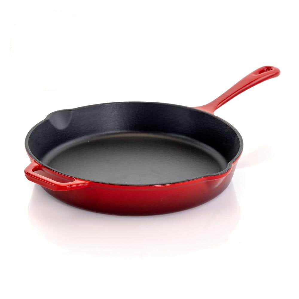 MegaChef Skillet 10.25″Dia Red Cast Iron Nonstick Dishwasher Safe 2-Pour Spouts