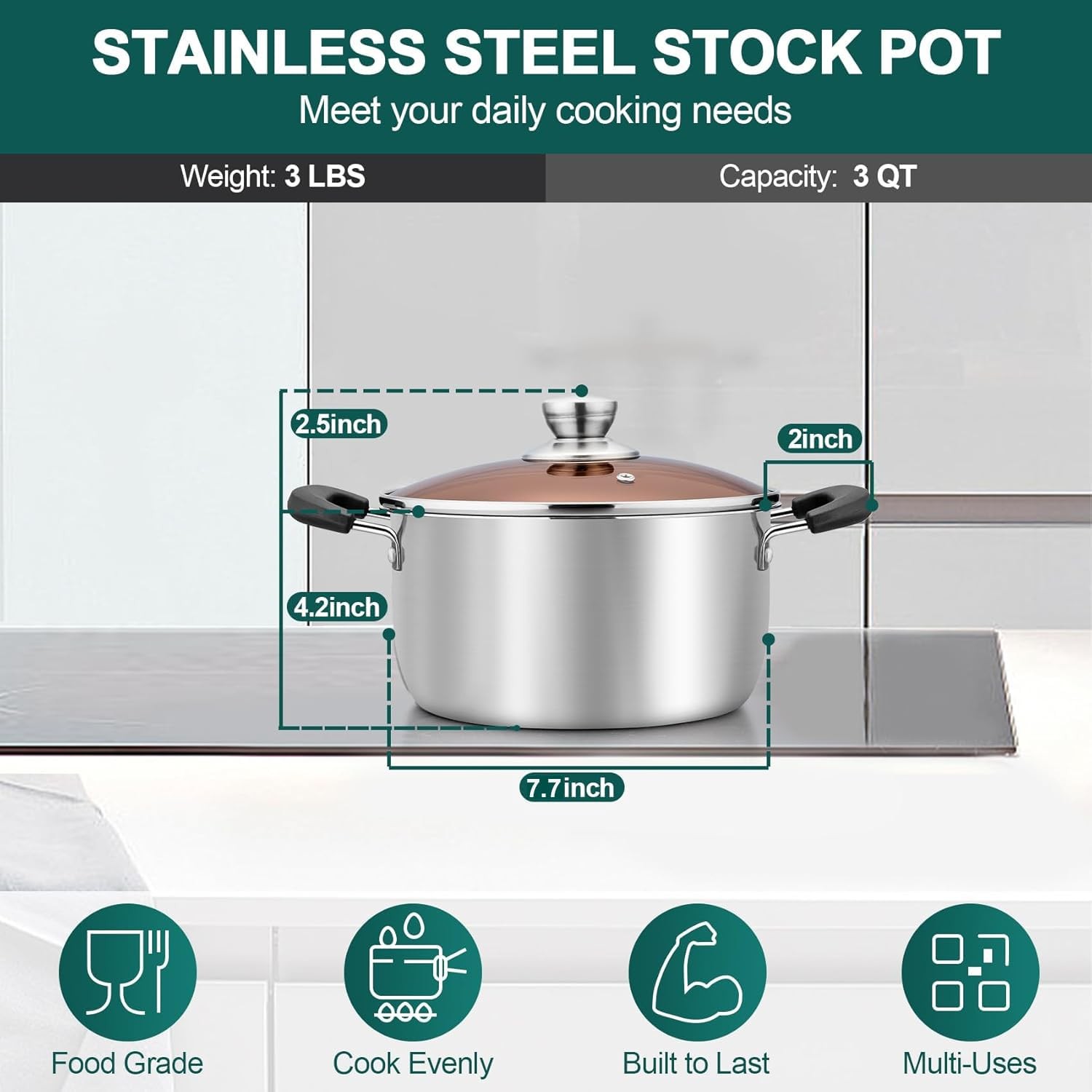 TeamFar 3 Quart Stock Pot, Stainless Steel Stock Pasta Soup Pot with Lid, Tem…