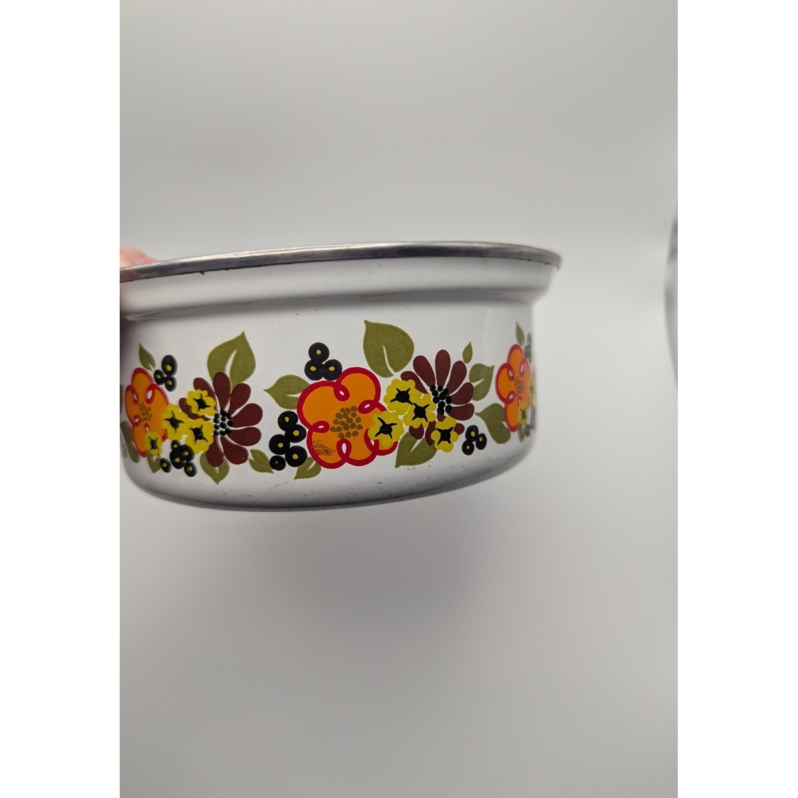 Vtg 1970s Austria Email Enamel Saucepan Floral Print White Orange Brown Retro