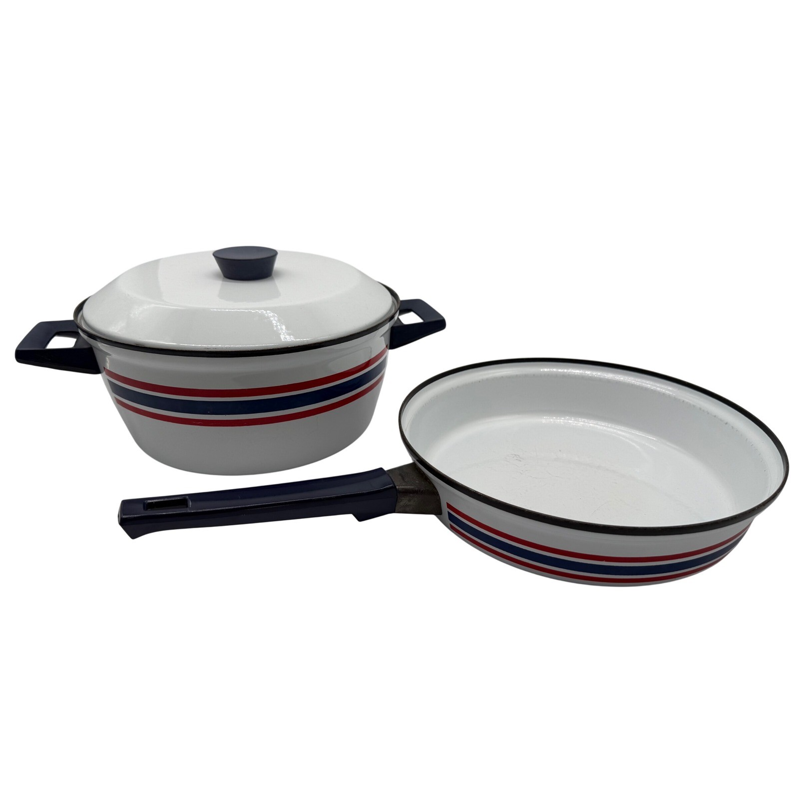 Vintage Club Celebration Norway Enamel Cookware Set White Red Blue Stripes 2pc