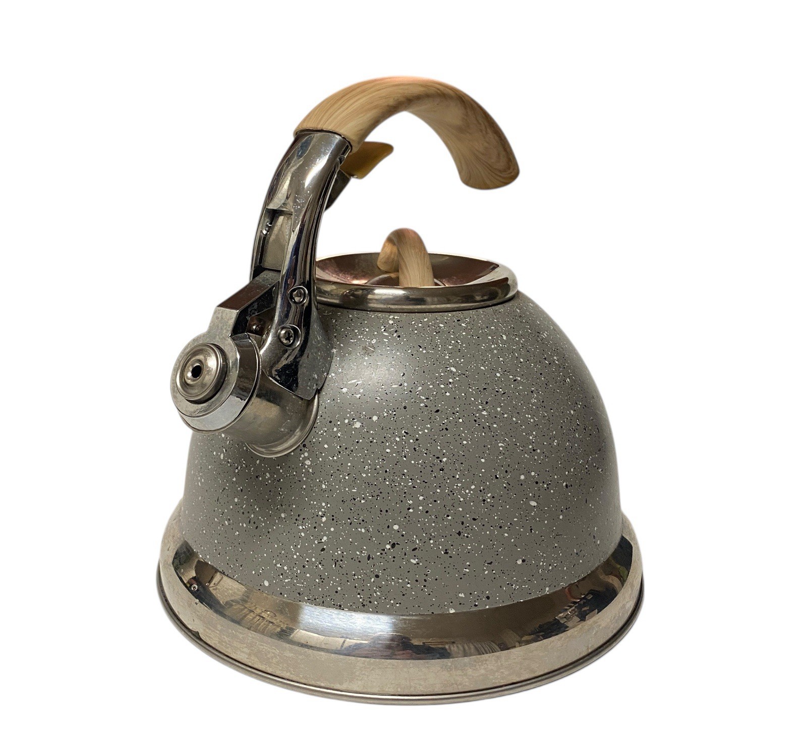 David Burke Home Tea Kettle Gray Speckled Stainless Steel w Faux Wood 2.7 Quart