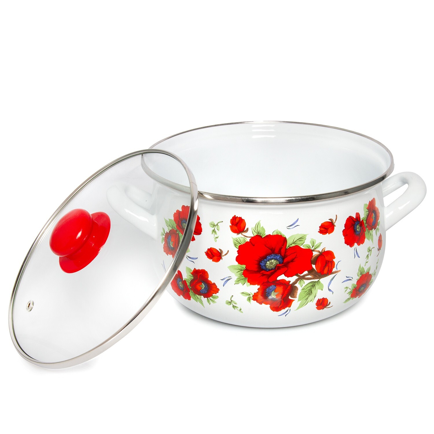 POPPY FLOWERS Enamelware Stockpot with Glass Lids, Enameled Cooking Pot 6.5 qt
