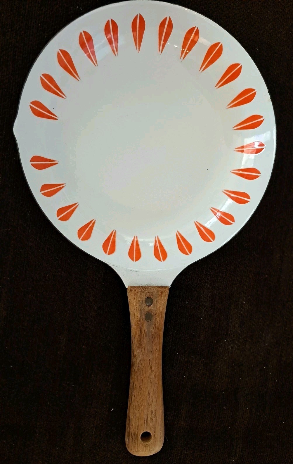 Vintage MCM Cathrineholm Lotus Style Enamel White & Orange Saute Skillet Norway