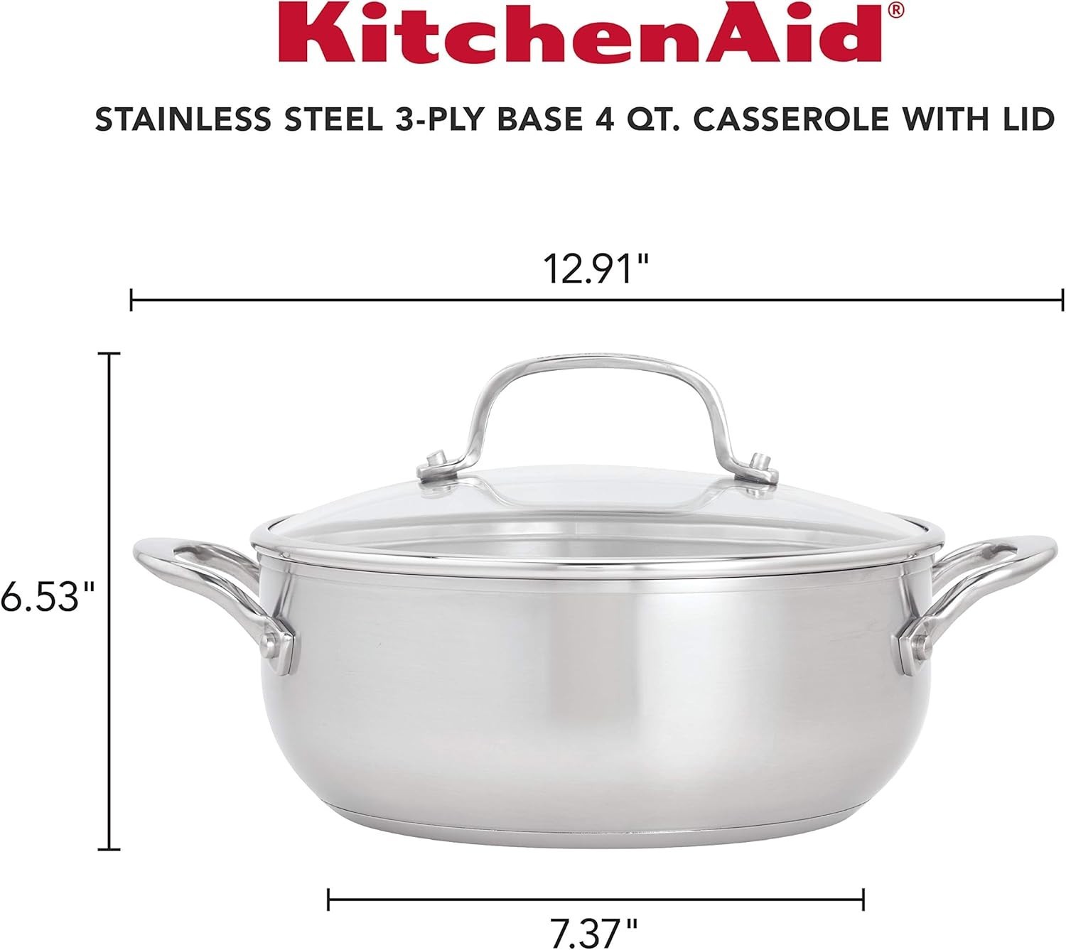 4QT Stainless Steel Induction Casserole Pot with Lid 3 Ply Base