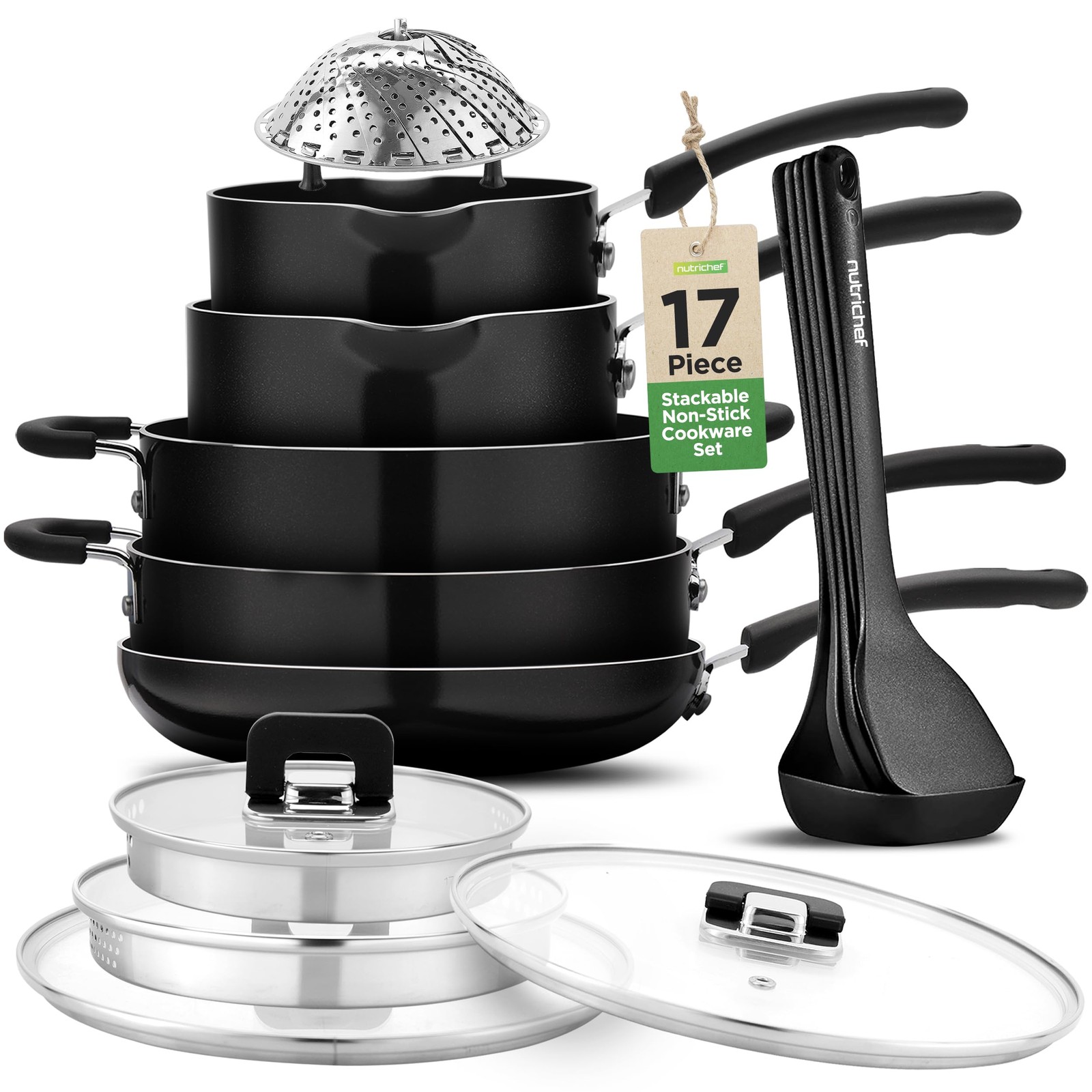 NutriChef 17pcs Black Stackable Pots/Pans Set, Nonstick Induction for RV/Camper