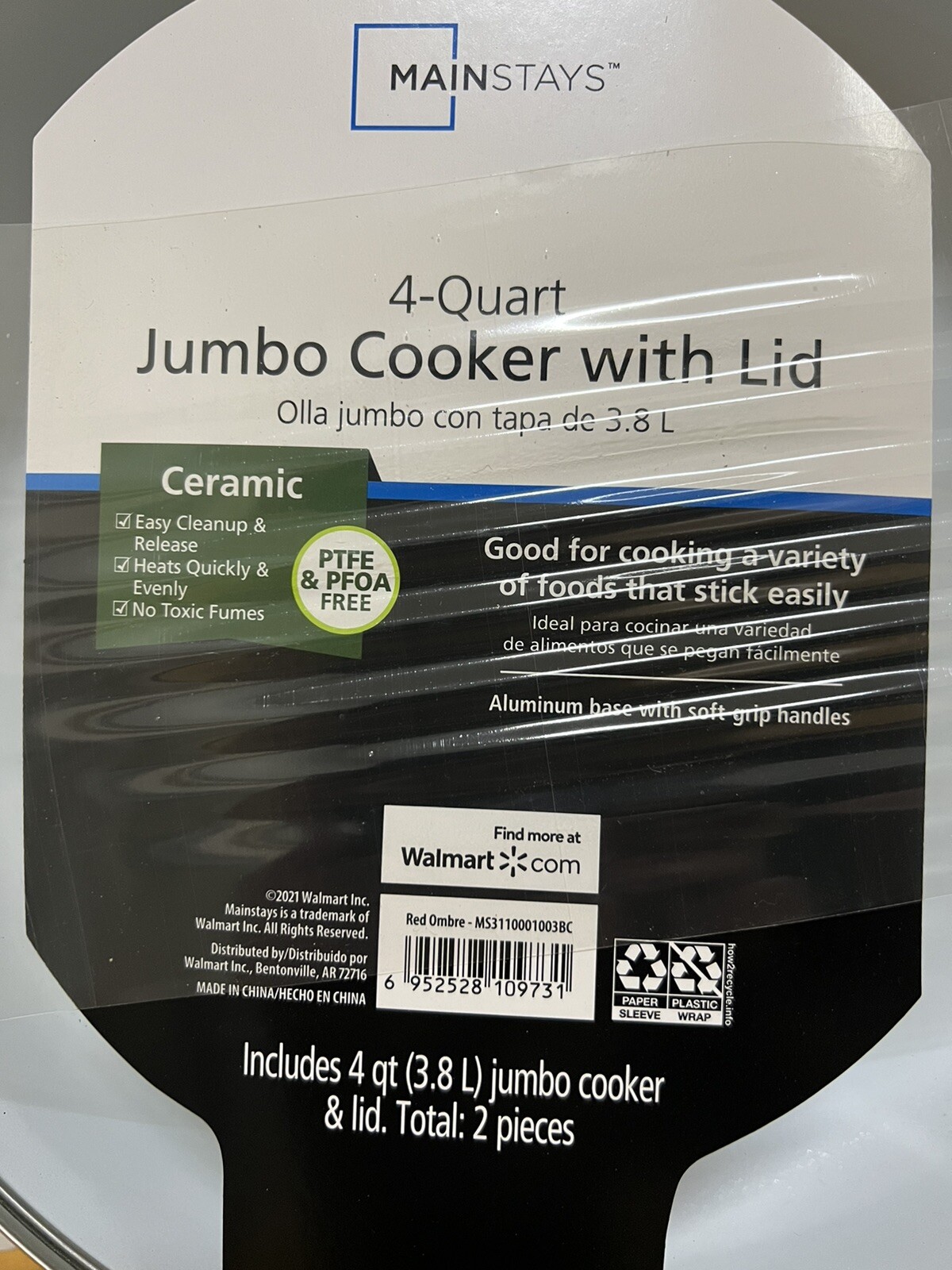 Mainstays 4-Quart Ceramic Jumbo Cooker with Glass Lid PTFE & PFOA Free Ombre Red