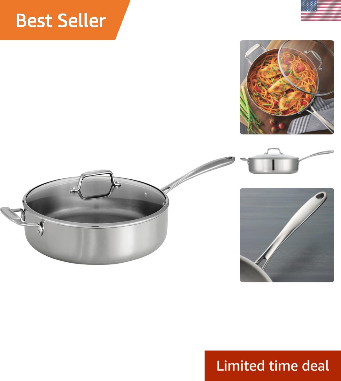 Tri-Ply Clad Stainless Steel 6-Quart Saute Pan with Glass Lid, Induction-Read…