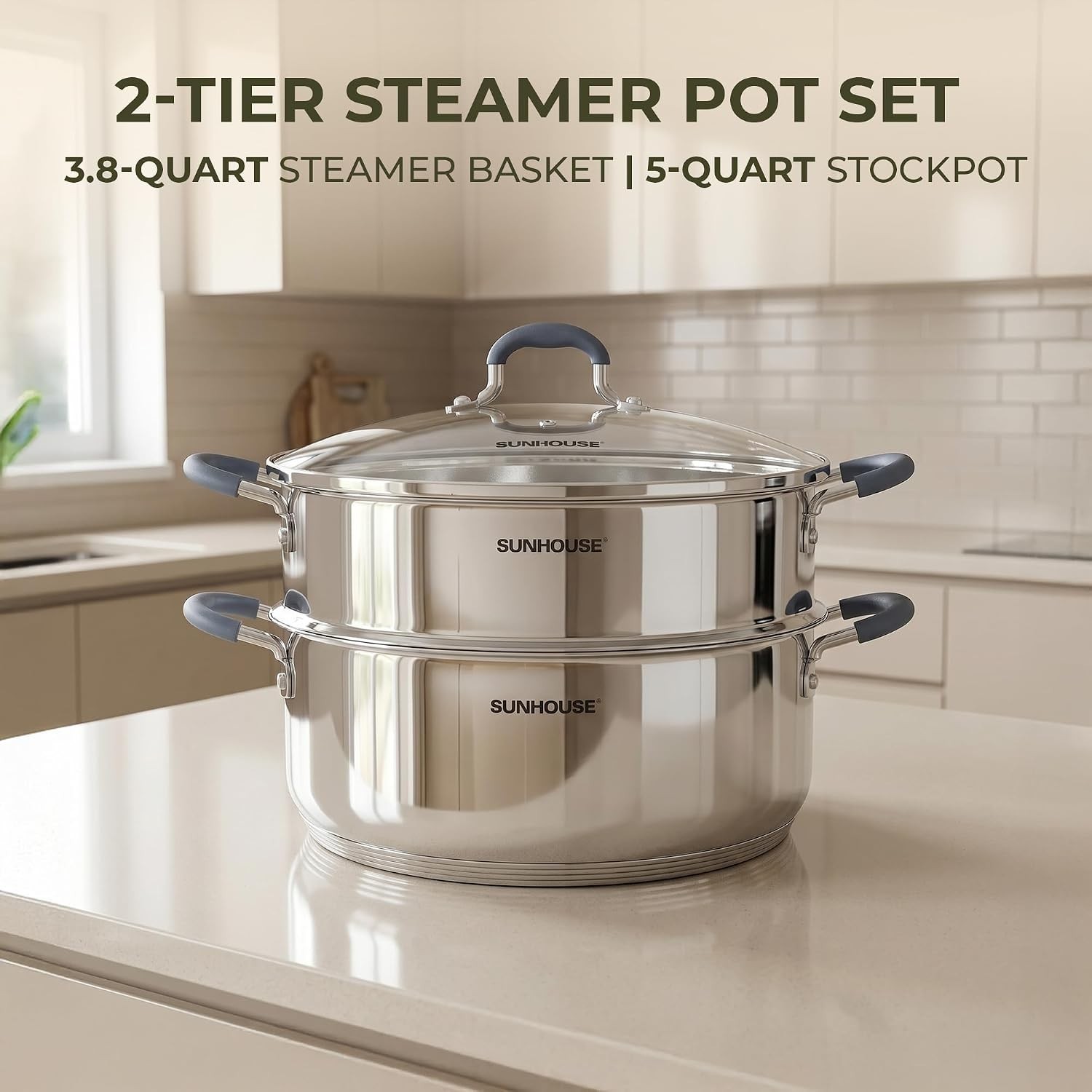 Stainless Steel Steamer Pot 5 Qt with Glass Lid 2 Tier Food Steamer Basket
