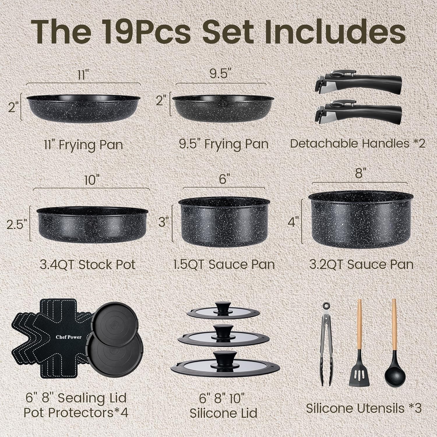 Ceramic Nonstick Cookware Set 19 Piece with Detachable Handle, Induction Dishwas