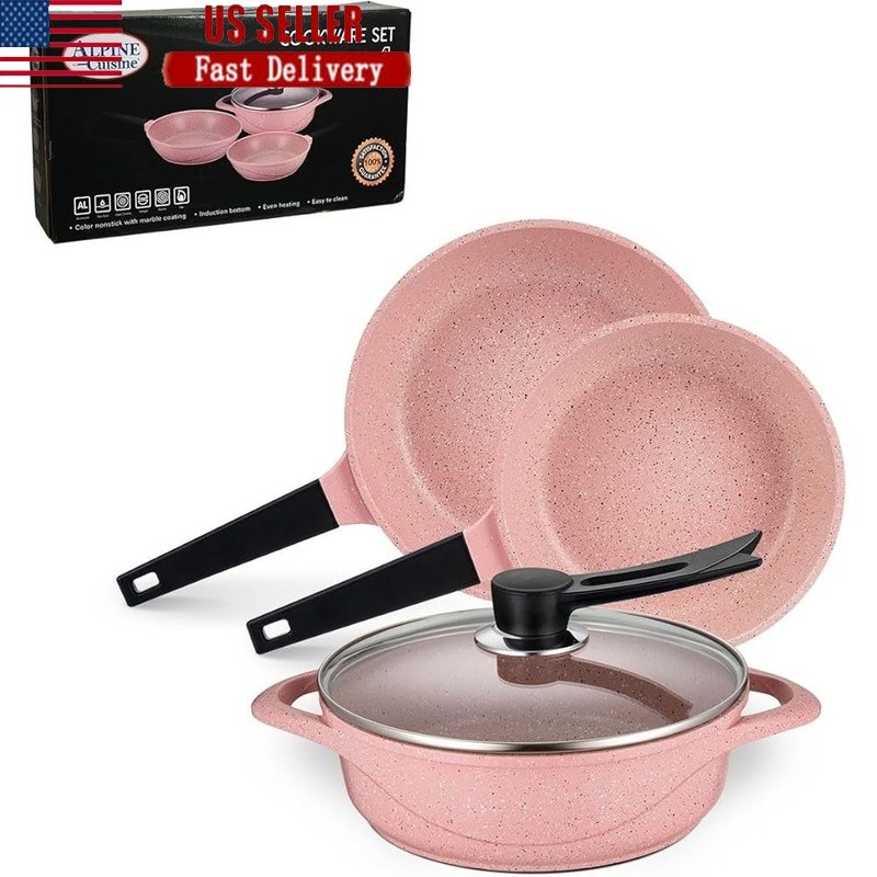 Die-Cast Aluminum Cookware Set Non-Stick Induction Compatible W/ Glass Lids New