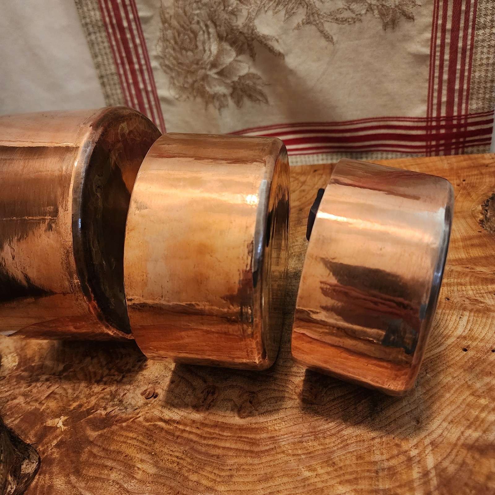 Antique Five Piece Set of Copper Saucepans 12-20cm 4.75-8 inch diameters 9.5lb