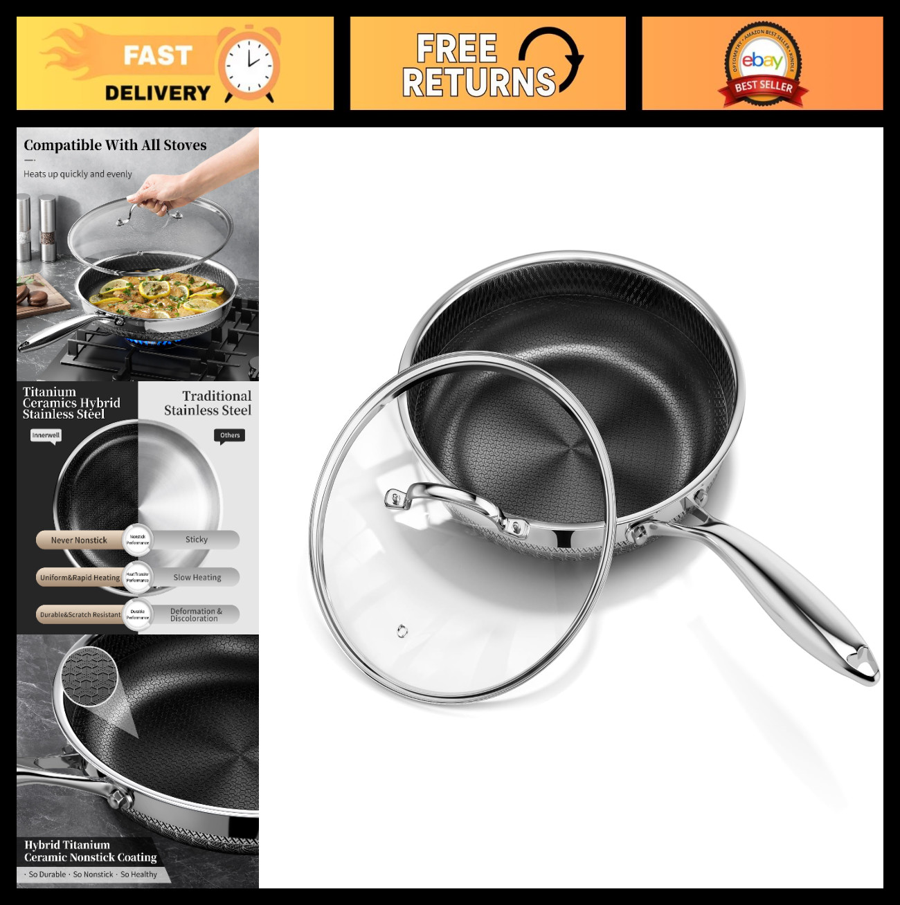 8″ Nonstick Frying Pan with Lid, Titanium Ceramic Tri-Ply Skillet, Induction Saf