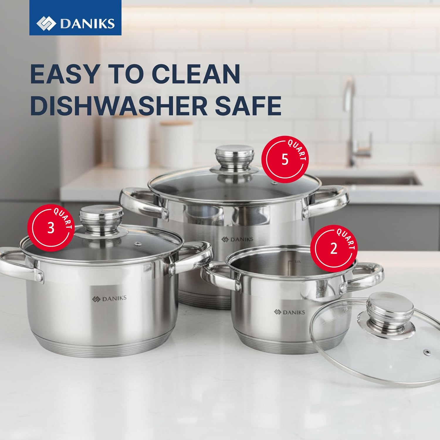 6-Piece Stainless Steel Cookware Set with Glass Lids & Measuring Scale