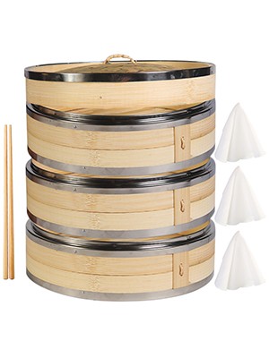 3-Tier Kitchen Bamboo Steamer with Stainless Steel Rings for Asian Cooking |