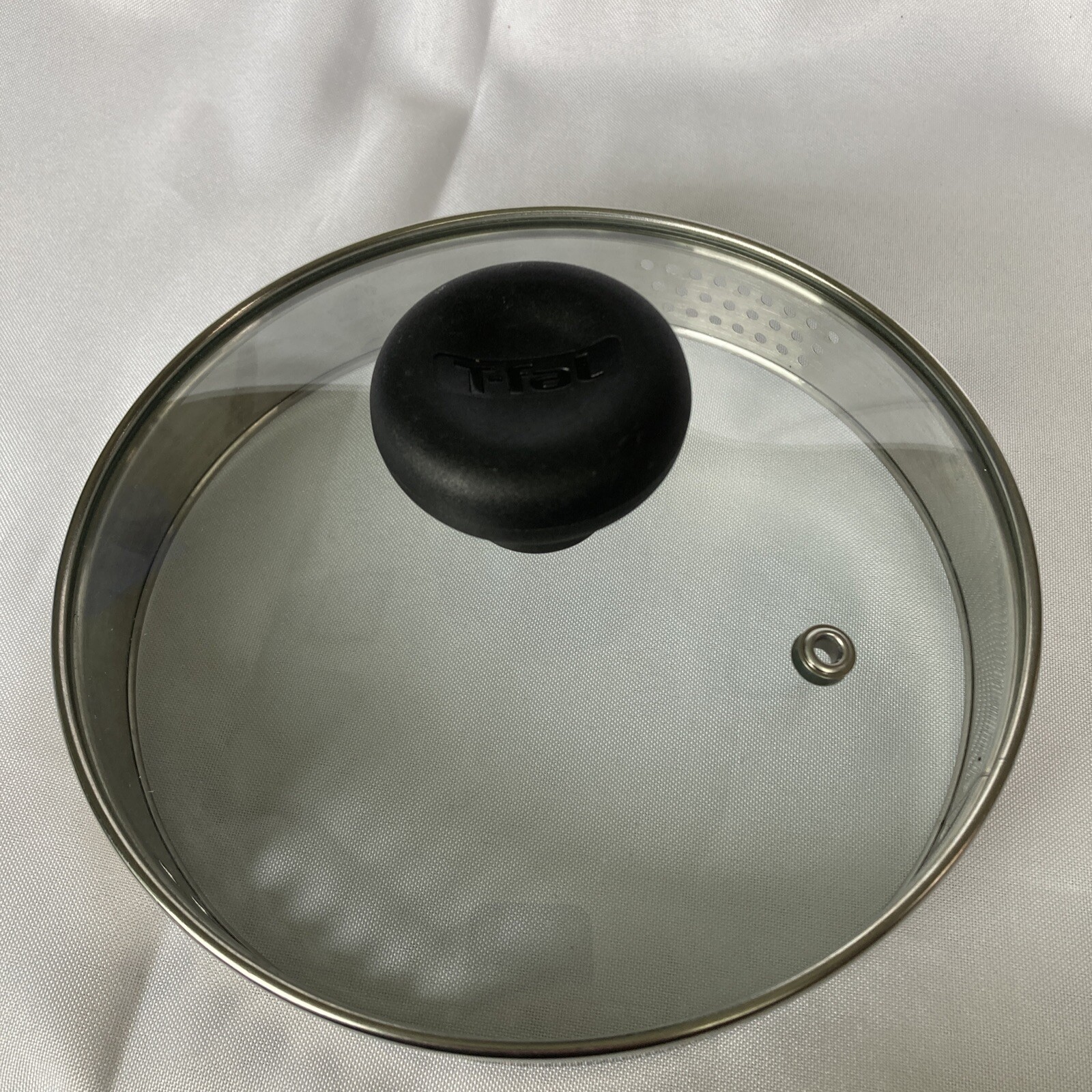T-fal Replacement Lid 7″ Strainer Sides Glass Stainless Steel Black Handle Vent