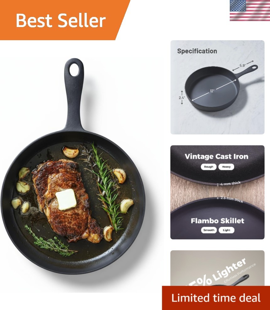 12 Inch Smooth Cast Iron Skillet – Naturally Non-Stick, Pre-Seasoned Frying P…