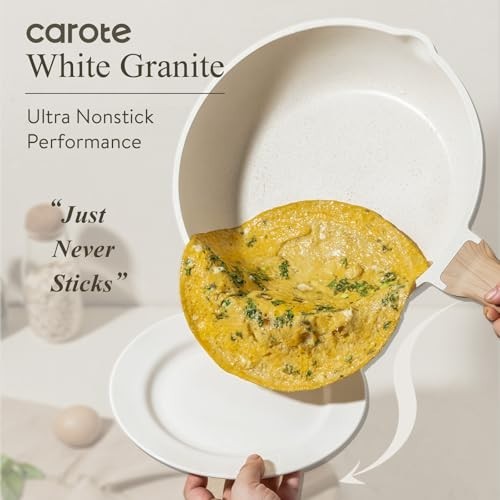 CAROTE Non Stick Frying Pans,Nonstick Granite Fry Pan Egg 8, Cream White