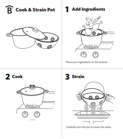 Non-Stick Easy Strain Pot Tilt Cookware 3-pc Black Clear Steam Release Lid NEW