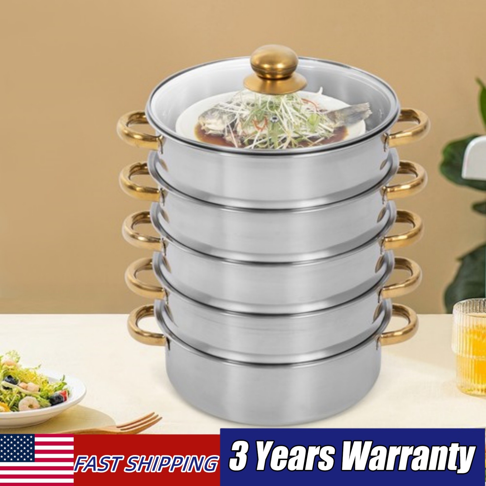 7.4QT Stainless Steel Steam Pot w/ 5 Tier Steamer Basket & Glass Lid for Cooking