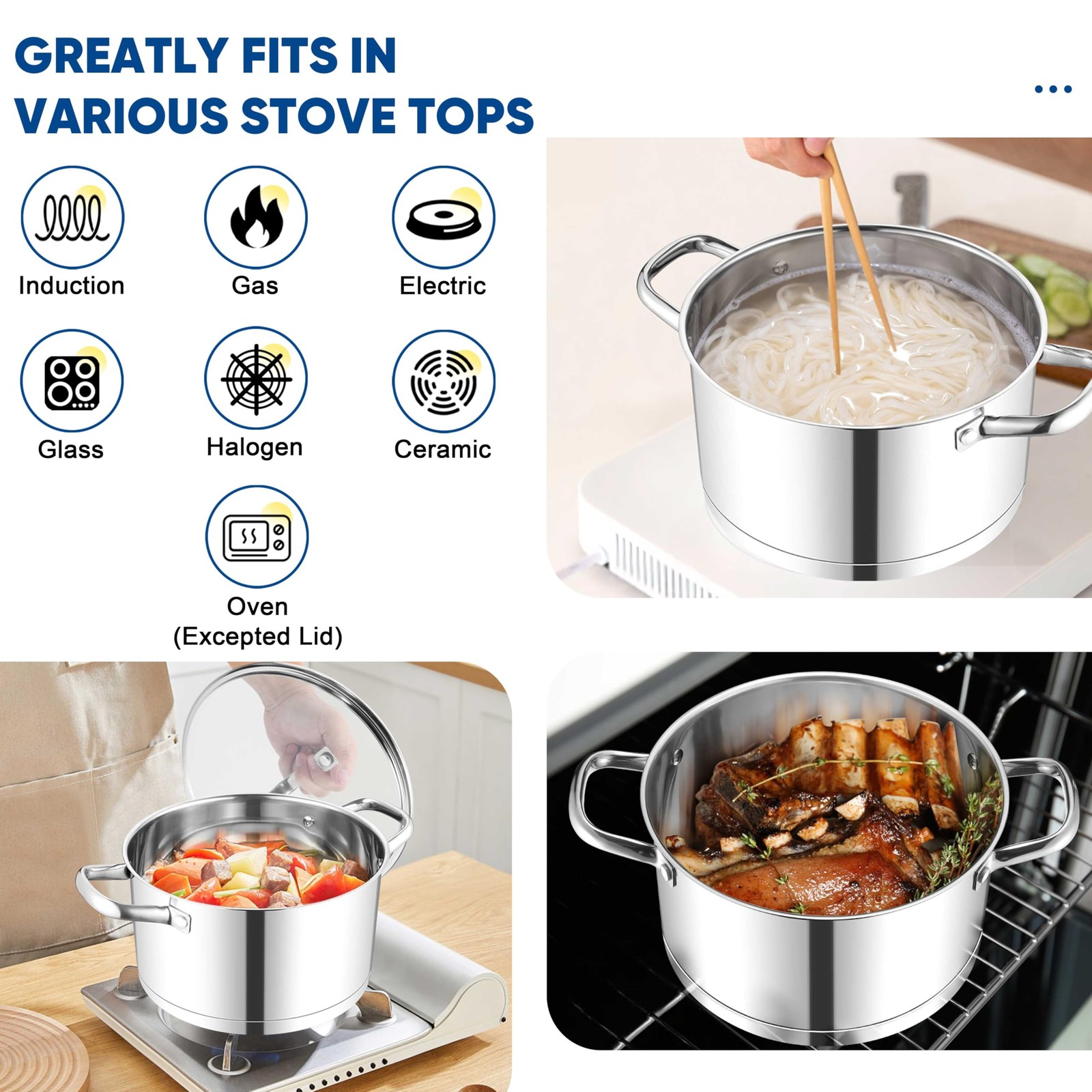 5 QT Stock Pot, Tri-ply Bottom Stainless Steel Stockpot Cooking Soup Pasta Pot w