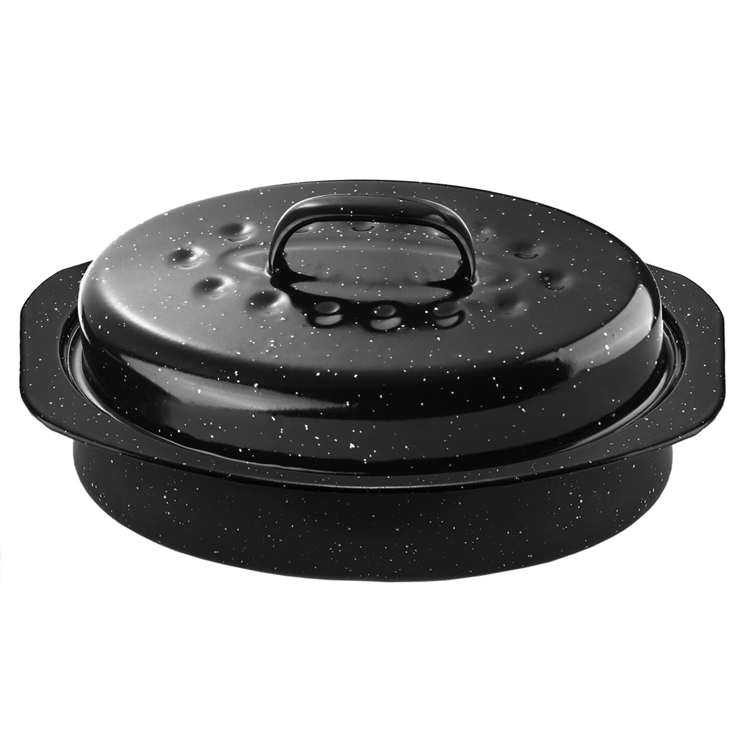 13Inch Roasting Pan, Enamel on Steel, Black Covered Oval Roaster Pan with Lid, S